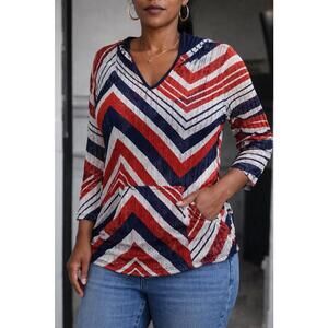 Women’s Chevron Knit Tunic Top Size M Red White Blue V-Neck Long Sleeve